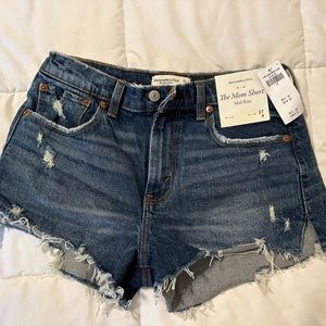 Abercrombie and Fitch, The Mom Short, mid rise, distressed dark wash